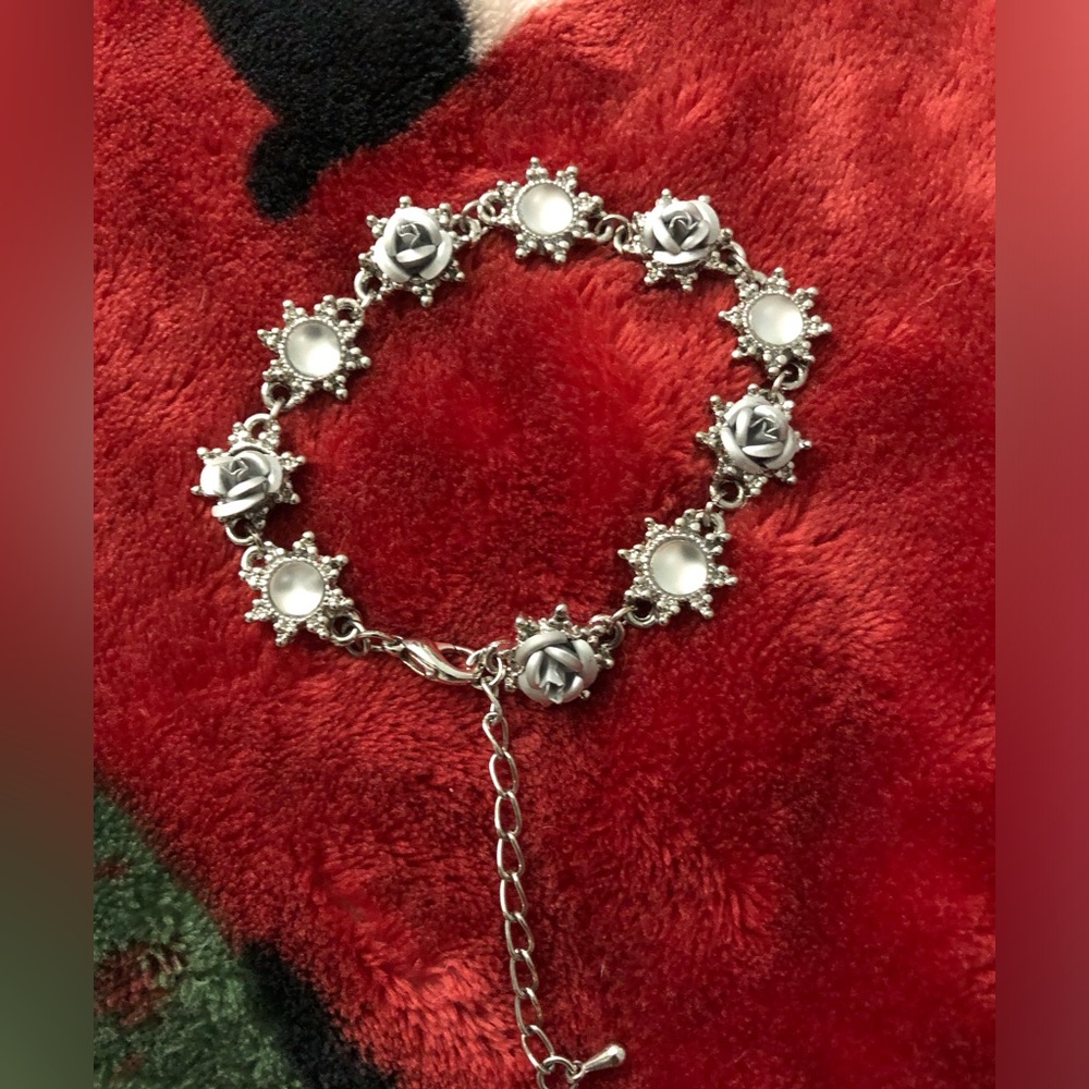 Silver Rose & Pearl Accent Bracelet - Women Jewelry